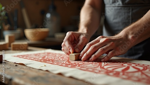Artisan hands using a wooden block to print a red floral pattern onto white fabric