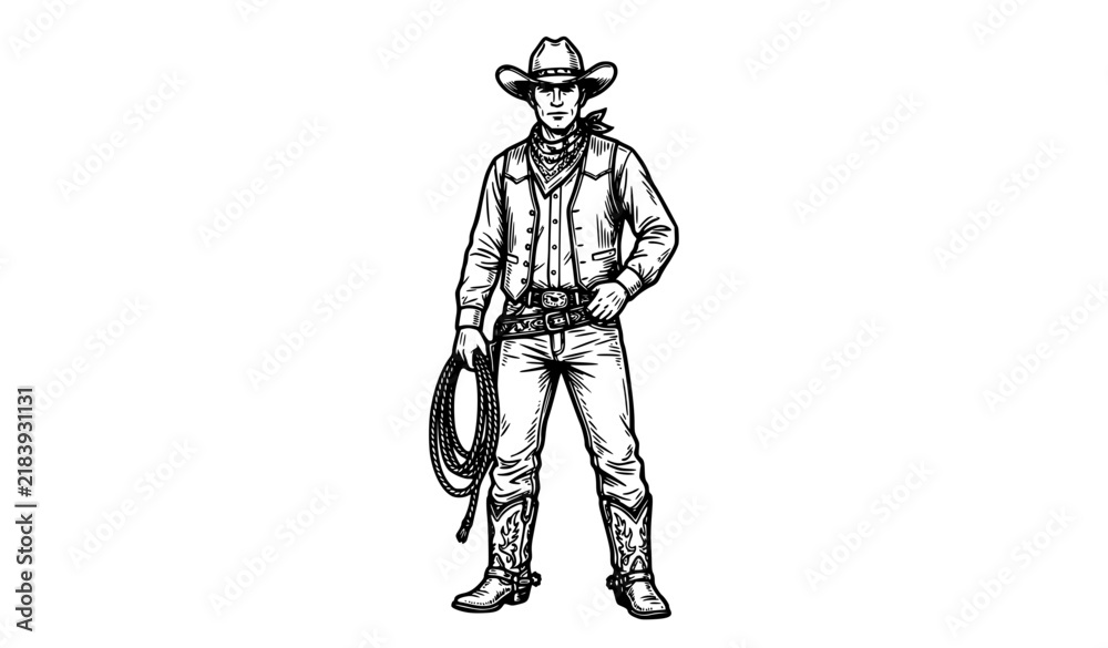 Fototapeta premium Black and white cowboy with lasso Western vector line art illustration