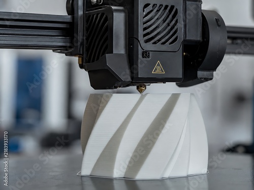 Obraz na płótnie Automated three dimensional printer creating white spiral geometric prototype in workshop facility.