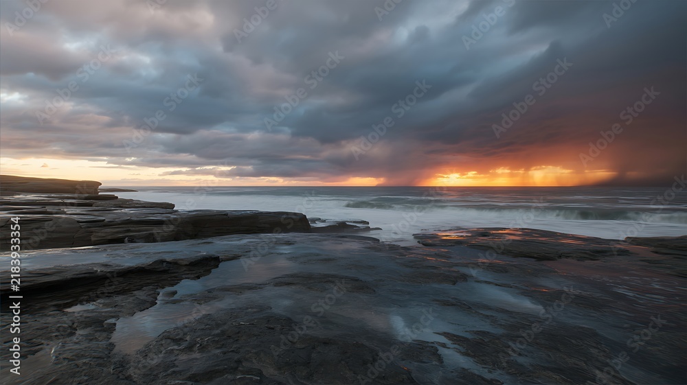 Obraz premium Ocean waves crash against rocky shorelines under a dramatic stormy sky.