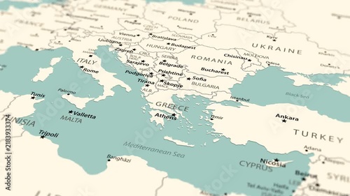 Europe. Political map with a smooth camera movement from the Eastern Mediterranean toward Western Europe.