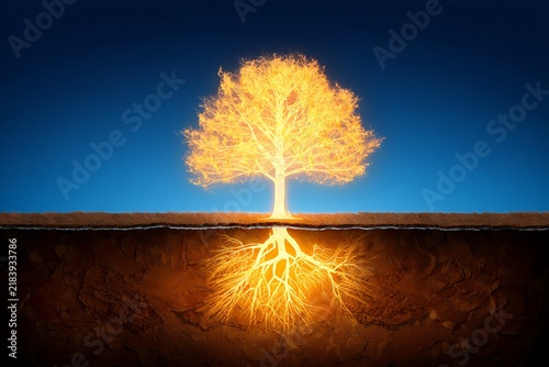 Glowing golden tree with visible roots glowing underneath the ground against a deep blue sky