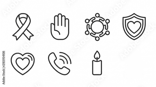 Set of 7 monochrome line icons for International Day for the Elimination of Violence against Women isolated on white