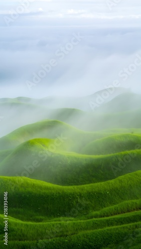 Misty morning over lush green terraced hills blanketed by low clouds in a serene valley landscape