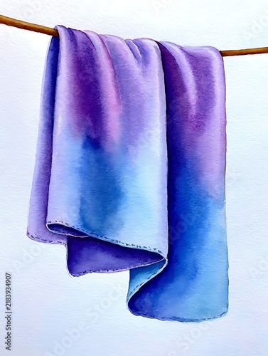 Watercolor painting of a folded purple and blue cloth draped over a horizontal rope line