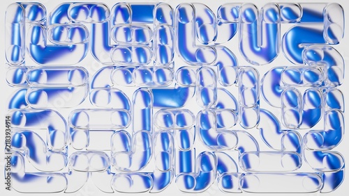 Abstract geometric maze structure made of glass tubes, isolated on white background. Blue objects are refracted through the transparent surfaces. 3D rendering illustration.