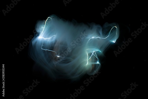 Abstract swirl of white glowing light trails suspended in dark space creating ethereal formation