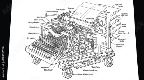 Photography Vintage mechanical typewriter blueprints detailed technical diagram with labels