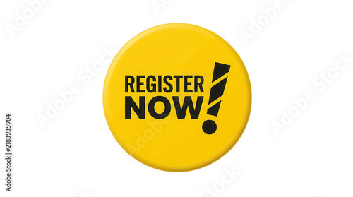 Yellow circular button with register now text isolated on transparent background