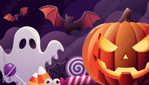 Halloween background with spooky pumpkin ghost bats and candy treats for holiday design
