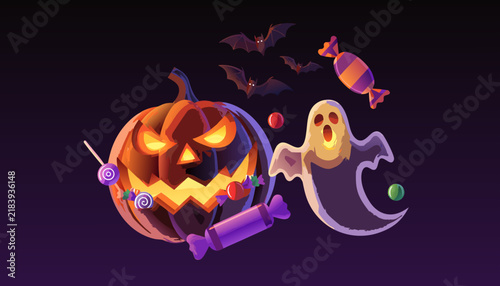 Halloween pumpkin jack o lantern with ghost and candy vector illustration