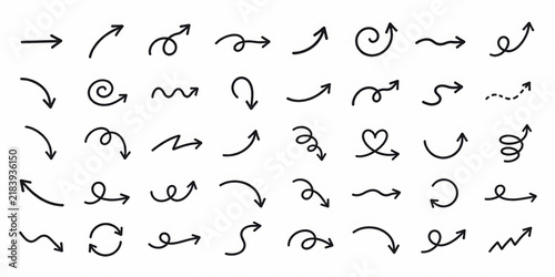 Sketchy arrow set with pen, crayon and chalk effects. Hand drawn style with brush and pencil strokes. Flat vector illustration isolated on white. Distressed rough texture for creative design.