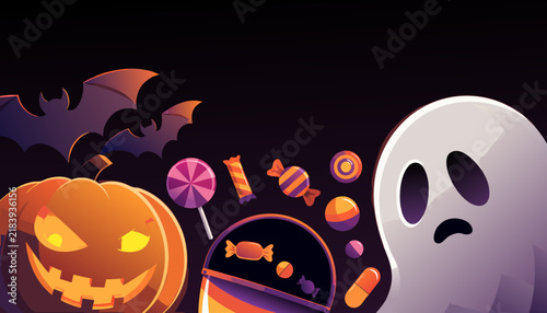 Halloween background with spooky ghost, jack-o-lantern pumpkin and trick or treat candy