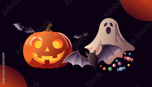 Halloween pumpkin jack o lantern with ghost and bats on dark background