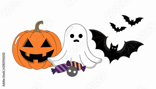 Cute Halloween illustration with jack-o-lantern pumpkin, ghost, bats, and candy treats.
