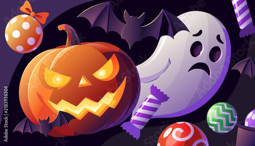 Halloween pumpkin ghost and candy illustration for festive holiday party background design