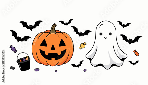 Cute Halloween illustration with jack-o-lantern pumpkin, ghost, bats and candy bucket.