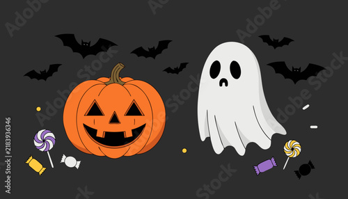 Cute Halloween illustration with jack-o-lantern pumpkin, ghost, bats and candy treats