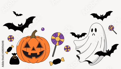 Halloween pumpkin ghost and bats cartoon vector illustration for holiday party design