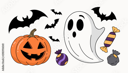 Halloween elements set with cute ghost, jack-o-lantern pumpkin, bats and candy icons.