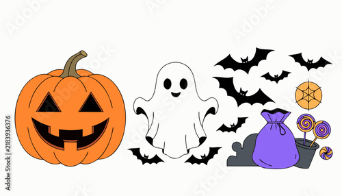 Halloween vector set with jack-o-lantern pumpkin ghost bats and candy treats