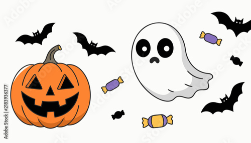 Cute Halloween illustration with a jack-o-lantern, ghost, bats, and candy on white background