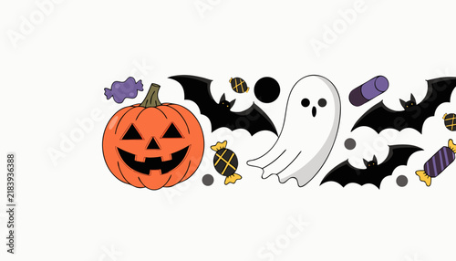 Halloween elements with pumpkin ghost bats and candy, flat vector illustration design.