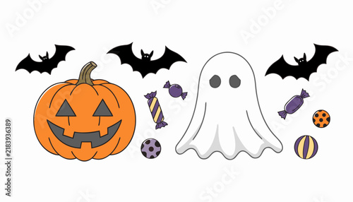 Halloween vector set with pumpkin jack o lantern ghost bats and candy treats