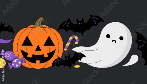 Cute Halloween illustration with jack-o-lantern pumpkin, ghost, bats and candy treats