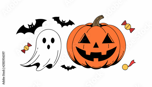 Cute Halloween vector illustration with jack-o-lantern pumpkin ghost bats and candy