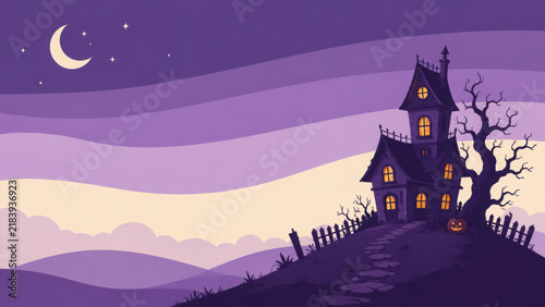Spooky tiny haunted cottage Halloween clipart with crooked roof, glowing windows, eerie trees, pumpkins, moonlit atmosphere, and charming minimalist vector artwork