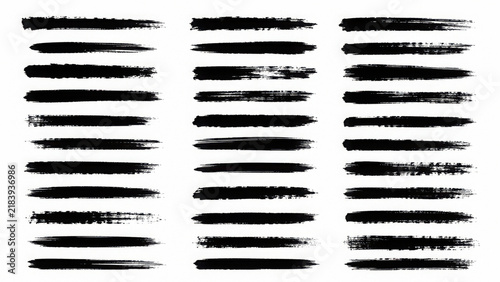 Black highlighter brush stroke lines set for underline banners, dry paint marker stripes, rough grunge ink smears and bold hand drawn highlight elements. Vector illustration