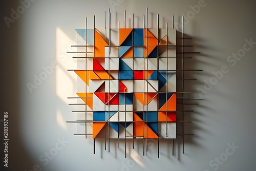 Geometric wooden wall art sculpture with colorful triangular tiles and metal rods