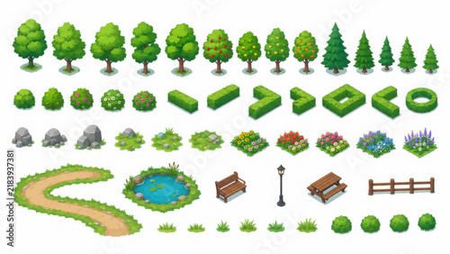 Isometric trees bushes and landscape elements vector illustration set
