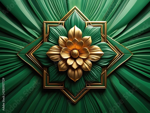 Ornate golden lotus flower sculpture set against a rich textured green silk background