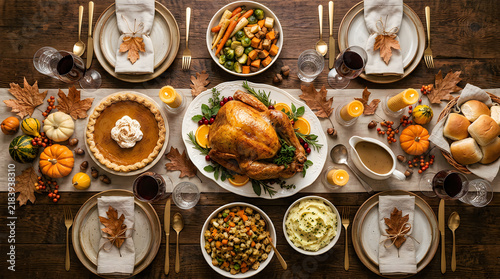 Thanksgiving dinner table with roasted turkey and pumpkin pie. Autumn holiday feast with seasonal food, pumpkins, and candles on rustic wood.