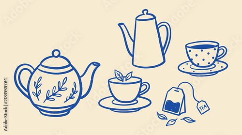 Hand drawn tea set vector icons, blue line art teapots and cups on beige background, vintage ceramic tea party collection