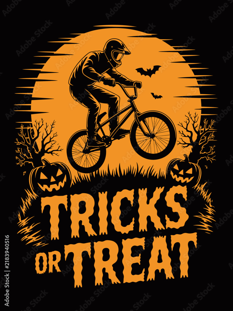 Fototapeta premium Halloween BMX Tricks or Treat rider moon pumpkins silhouette