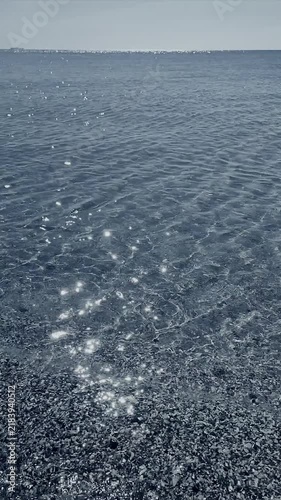 Clean transparent water on shallow sandy seashore with shells with shells on sunny summer day. Sun glare on surface of water. Small waves on sea coast. Nature backdrop. Natural background. Vertical