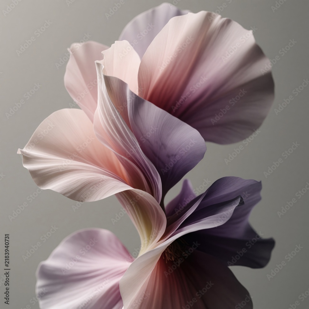 Fototapeta premium Soft pastel petals curve and sway with gentle lines. Muted colors blend, creating a tranquil, dreamlike floral art piece. Elegant abstract bloom for design backgrounds.