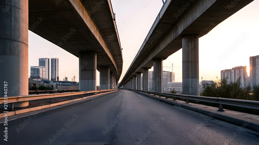 Obraz premium Empty elevated roadway with strong concrete structure and layered urban context presents clean geometry and materials during gentle golden hour