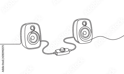 Continuous one line of two computer speakers connected by a cable with a volume control knob in the middle, isolated on a white background, minimalist