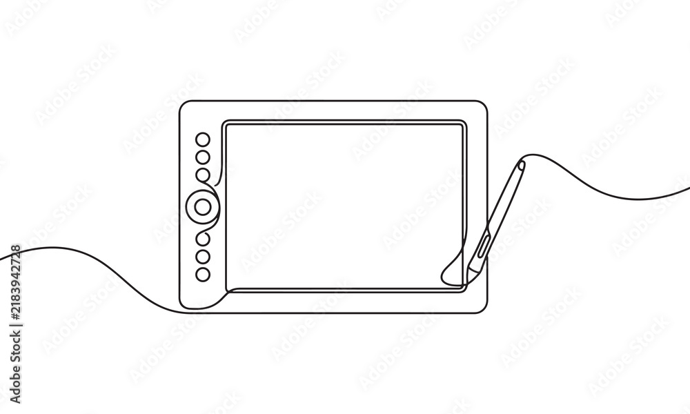 Obraz premium Continuous single line of a digital tablet with a stylus pen, isolated on a white background, minimalist artist tool black and white line