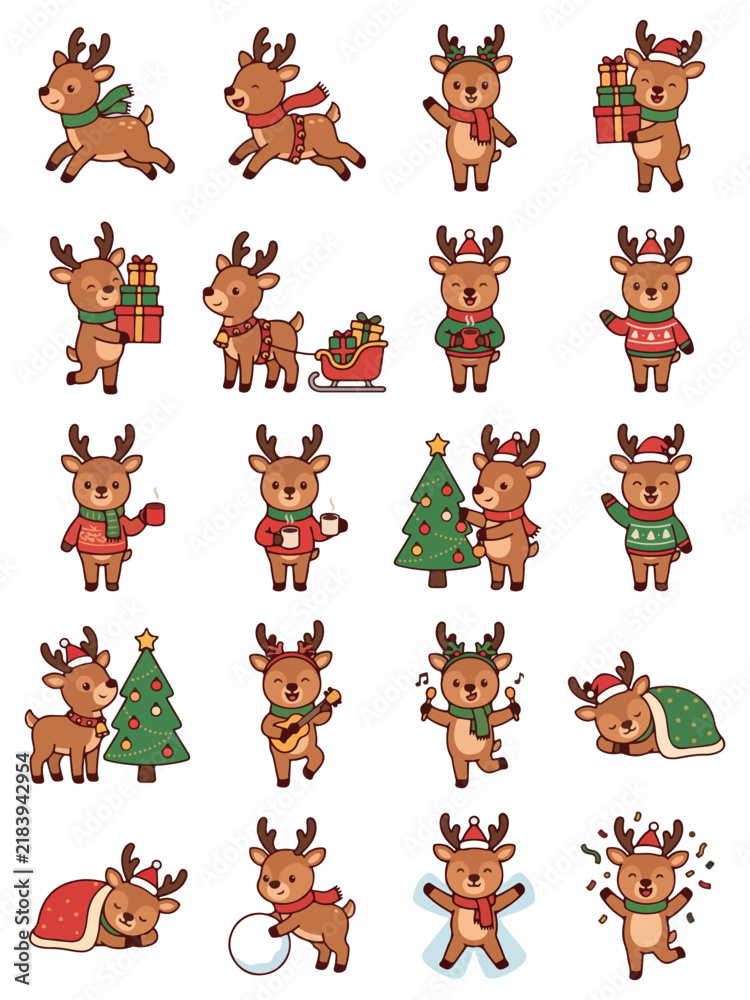 Fototapeta premium Set of cute cartoon reindeer characters with christmas accessories