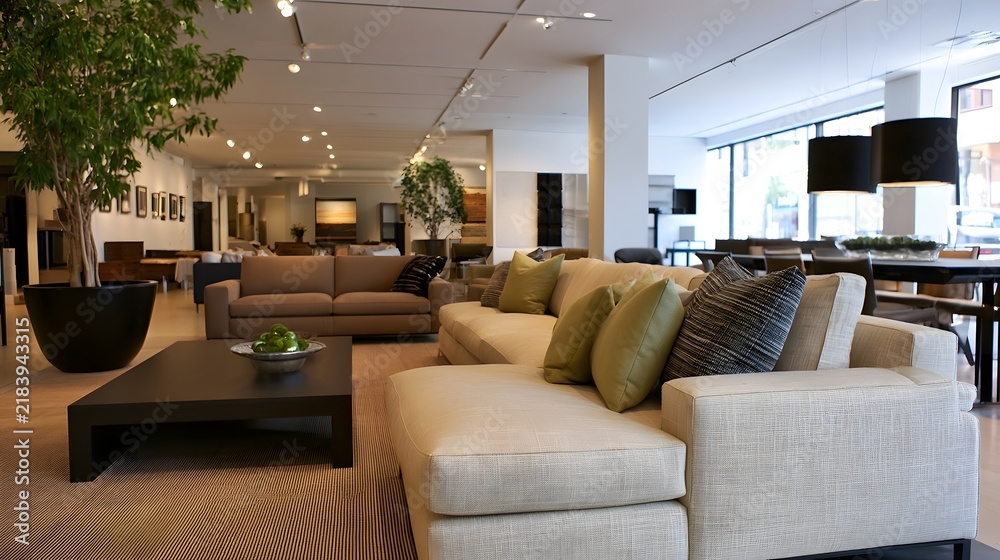 Obraz premium Modern minimalist living room with beige sofas green cushions black coffee table and large potted tree under bright ceiling lights