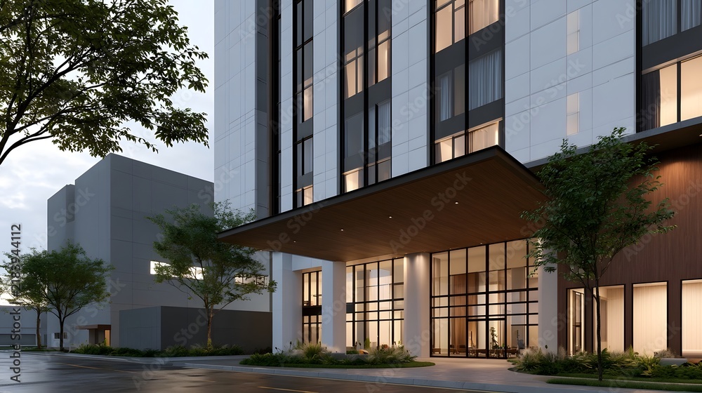 Obraz premium Modern high rise building with glass facade wooden canopy and illuminated entrance at dusk