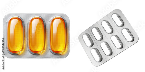Medicine capsule blister pack with orange softgel and empty tablet packaging isolated on transparency background