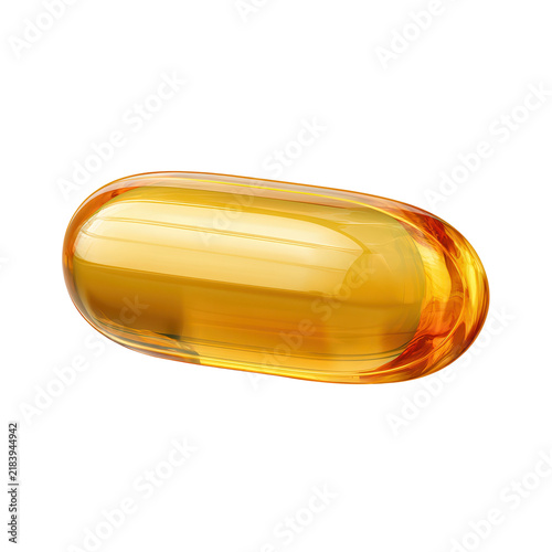 Amber medicine capsule isolated on transparent background with glossy softgel surface and warm yellow color, suitable for healthcare packaging and pharmaceutical illustration