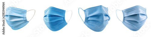 Blue disposable face mask isolated on transparent background showing four protective medical masks with ear loops and pleated material