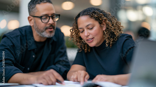 Realistic commercial stock photograph of two coworkers calmly discussing a project issue while pointing at notes on a shared notebook at a bright office desk, attentive respectful
